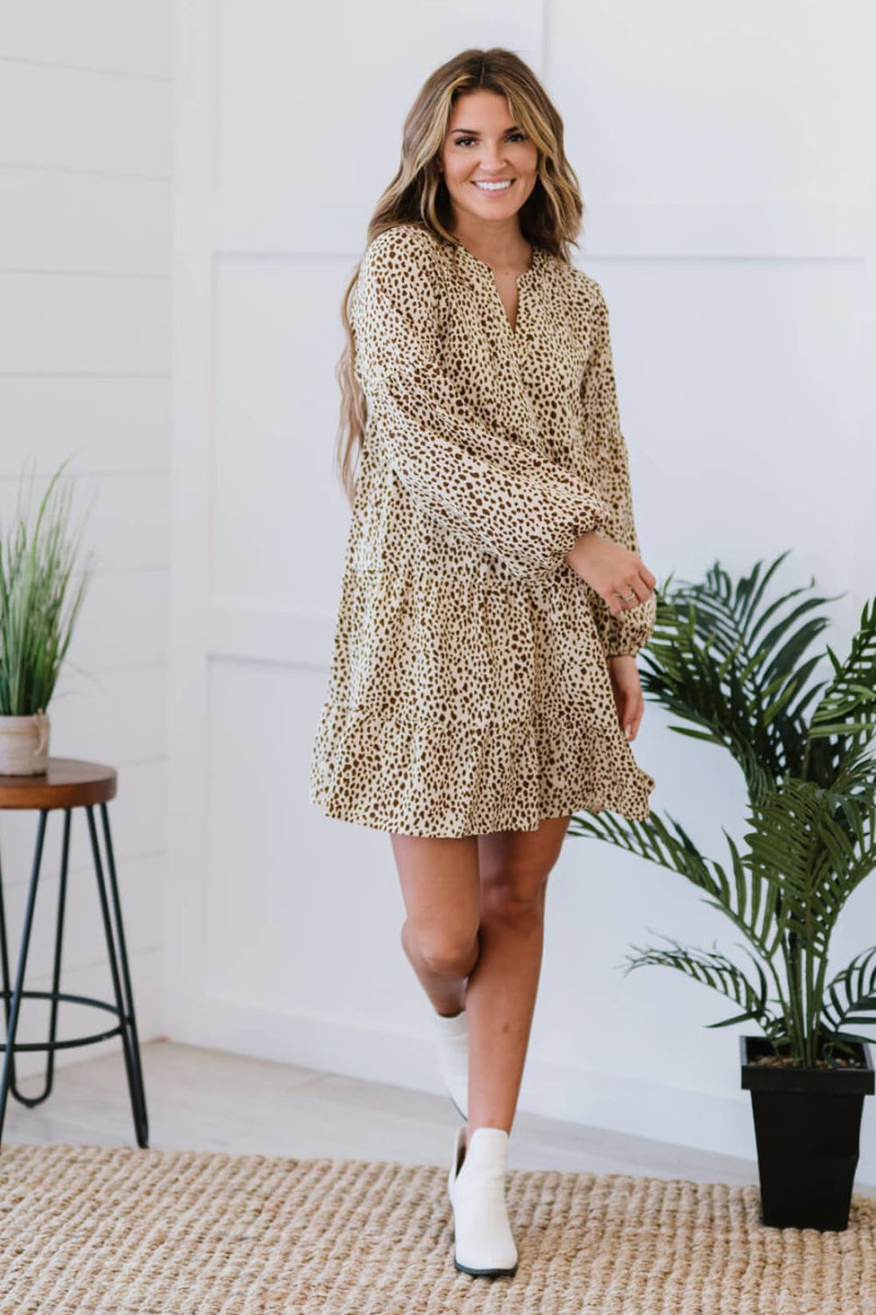 Romantic Spotted Tiered Mini Dress in Khaki