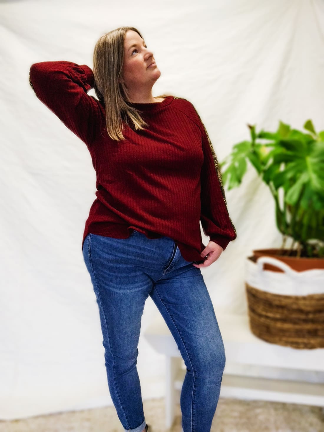 Sequin Detail Top in Cranberry | Long Sleeve Tops