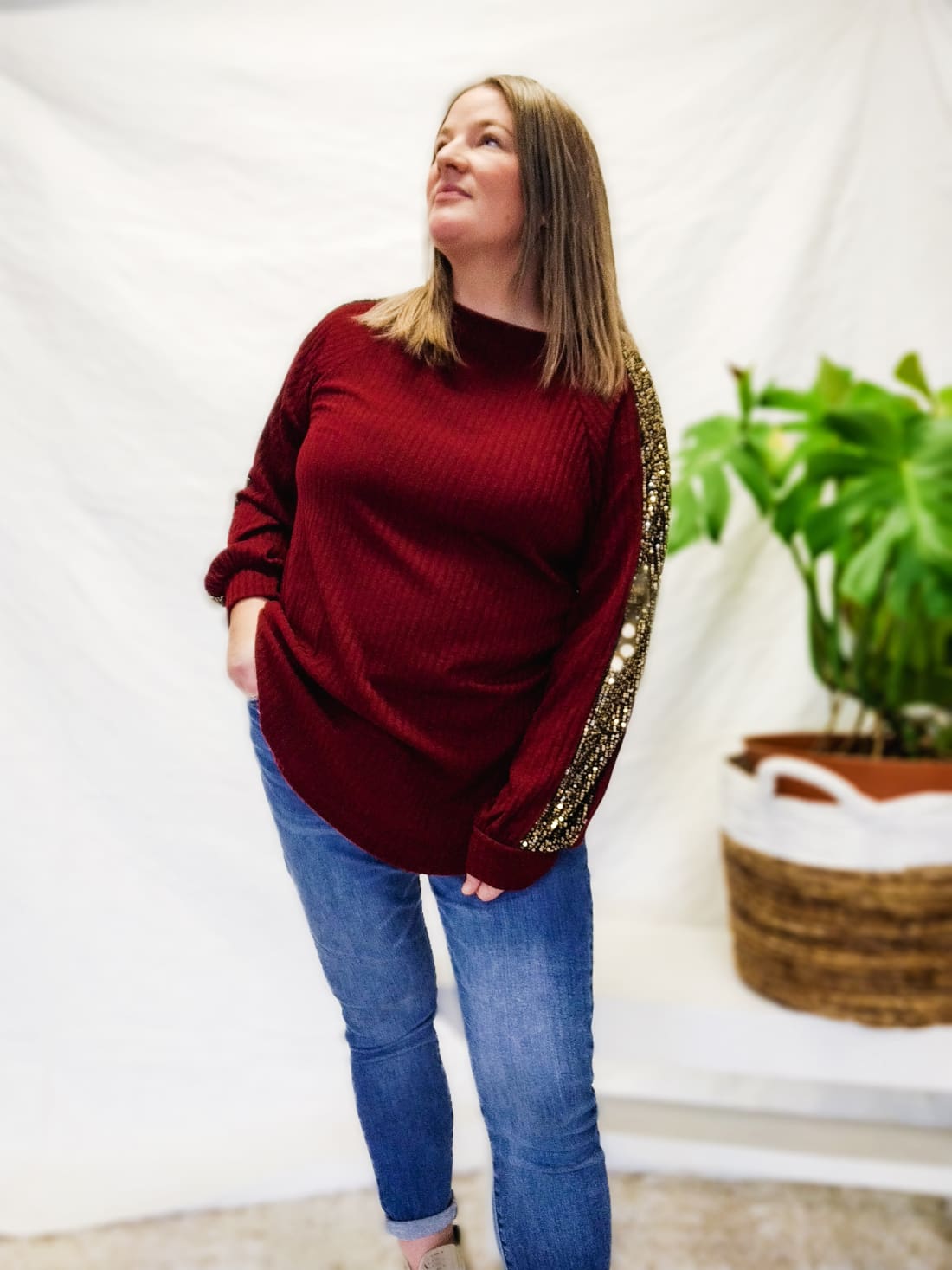 Sequin Detail Top in Cranberry | Long Sleeve Tops