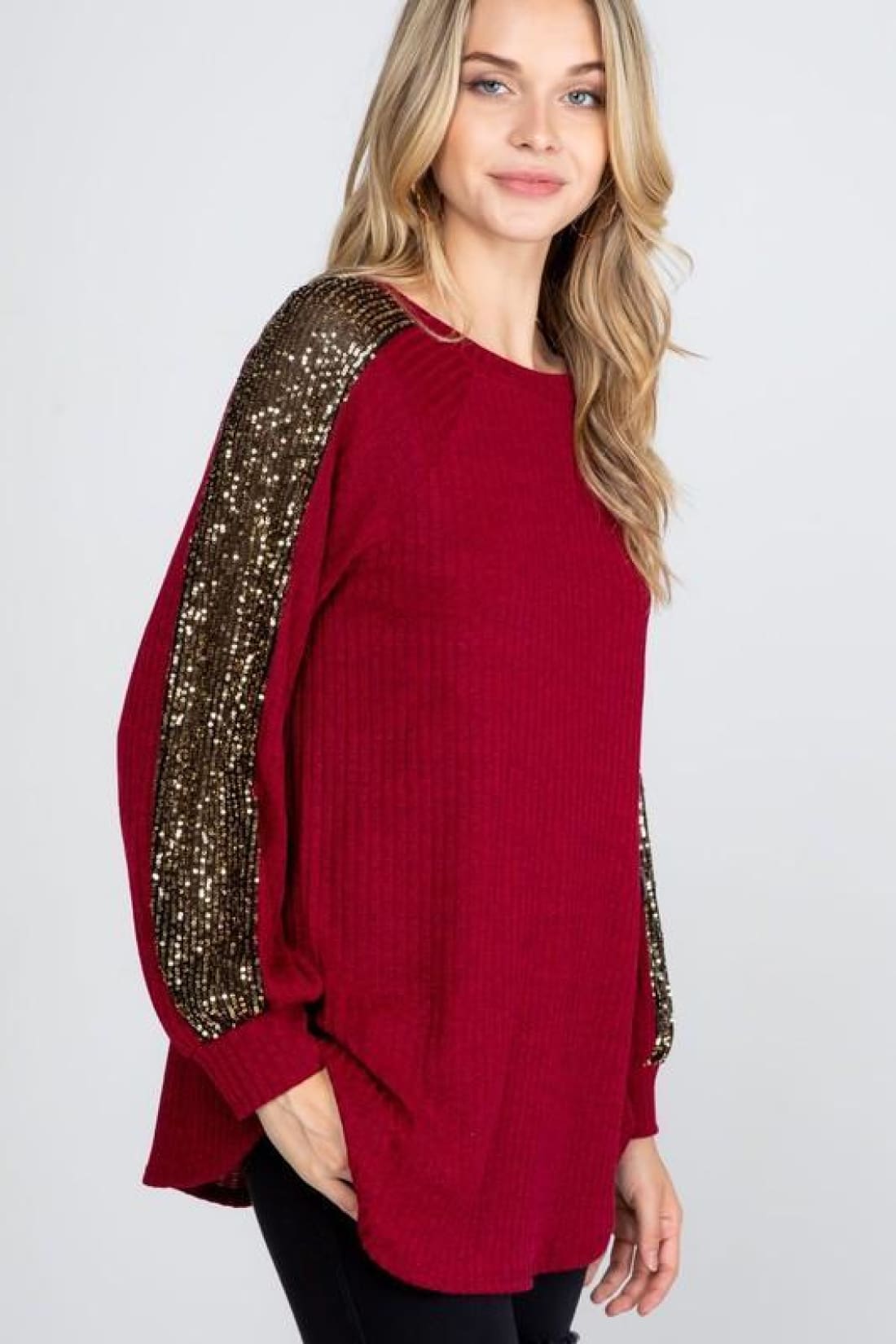 Sequin Detail Top in Cranberry | Long Sleeve Tops