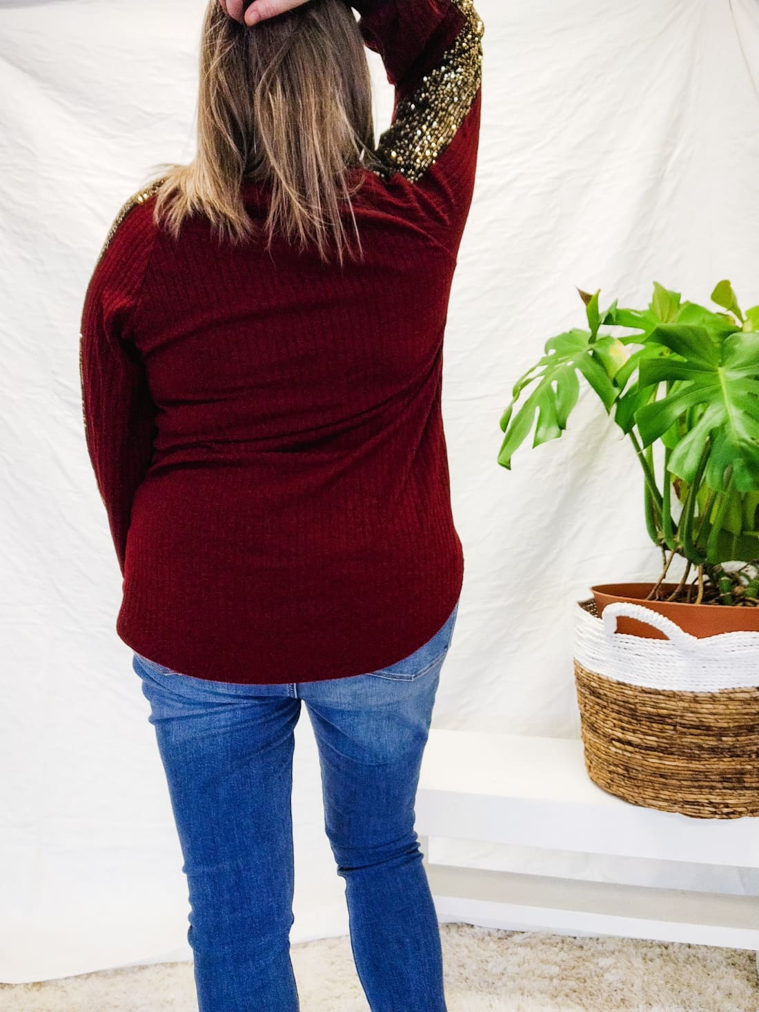 Sequin Detail Top in Cranberry | Long Sleeve Tops