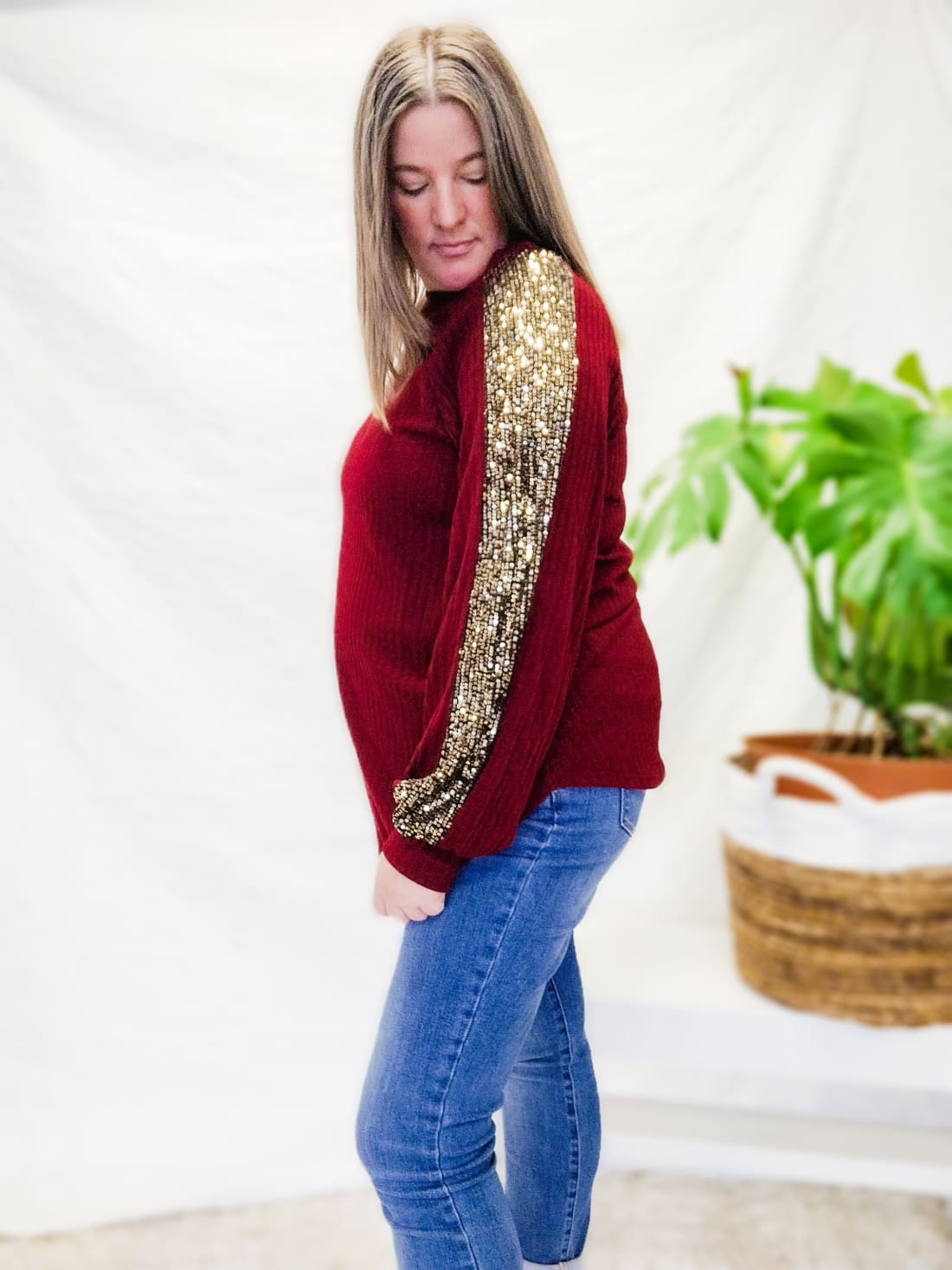 Sequin Detail Top in Cranberry | Long Sleeve Tops