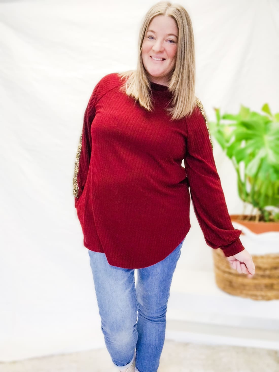 Sequin Detail Top in Cranberry | Long Sleeve Tops