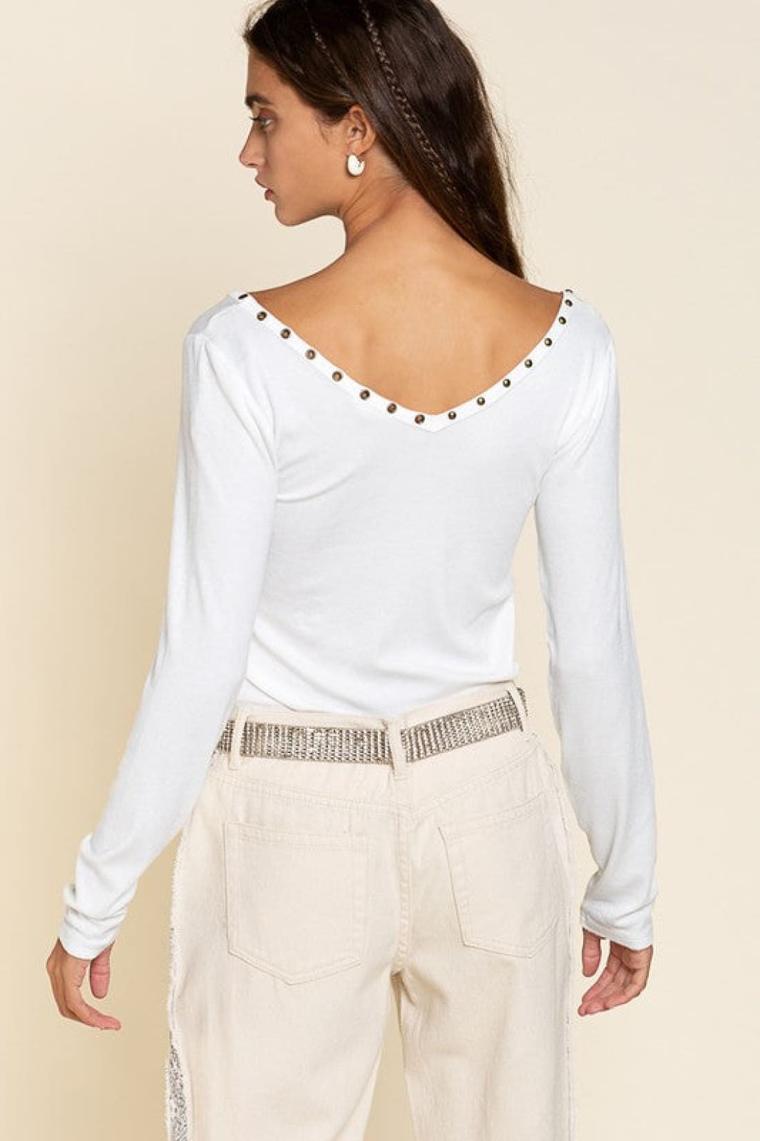 Studded V-neck Top | Long Sleeve Tops