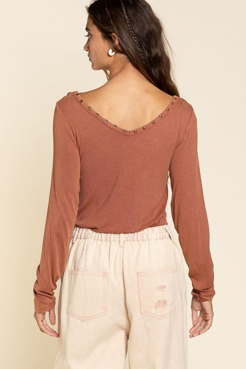 Studded Double V-neck Top | Long Sleeve Tops