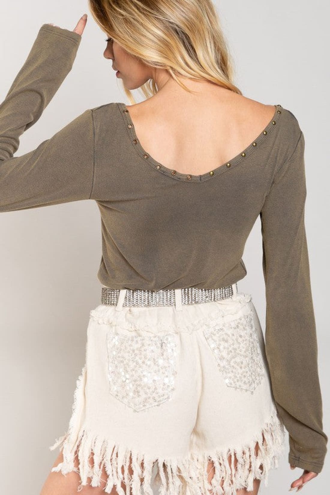 Studded Double V-neck Top | Long Sleeve Tops