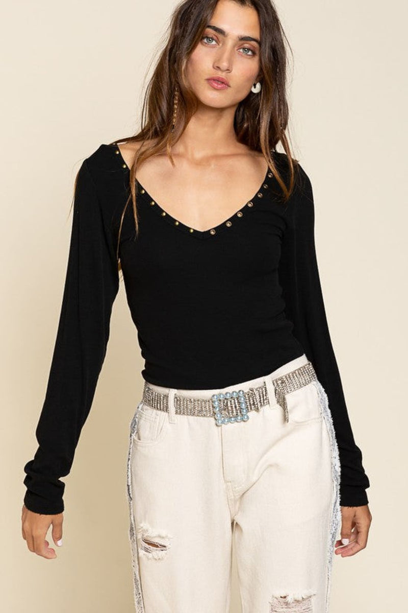 Studded Double V-neck Top | Long Sleeve Tops