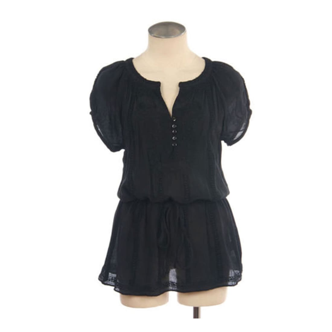 Style Boutique Black Embroidered Peasant Blouson Tunic Top Blouse