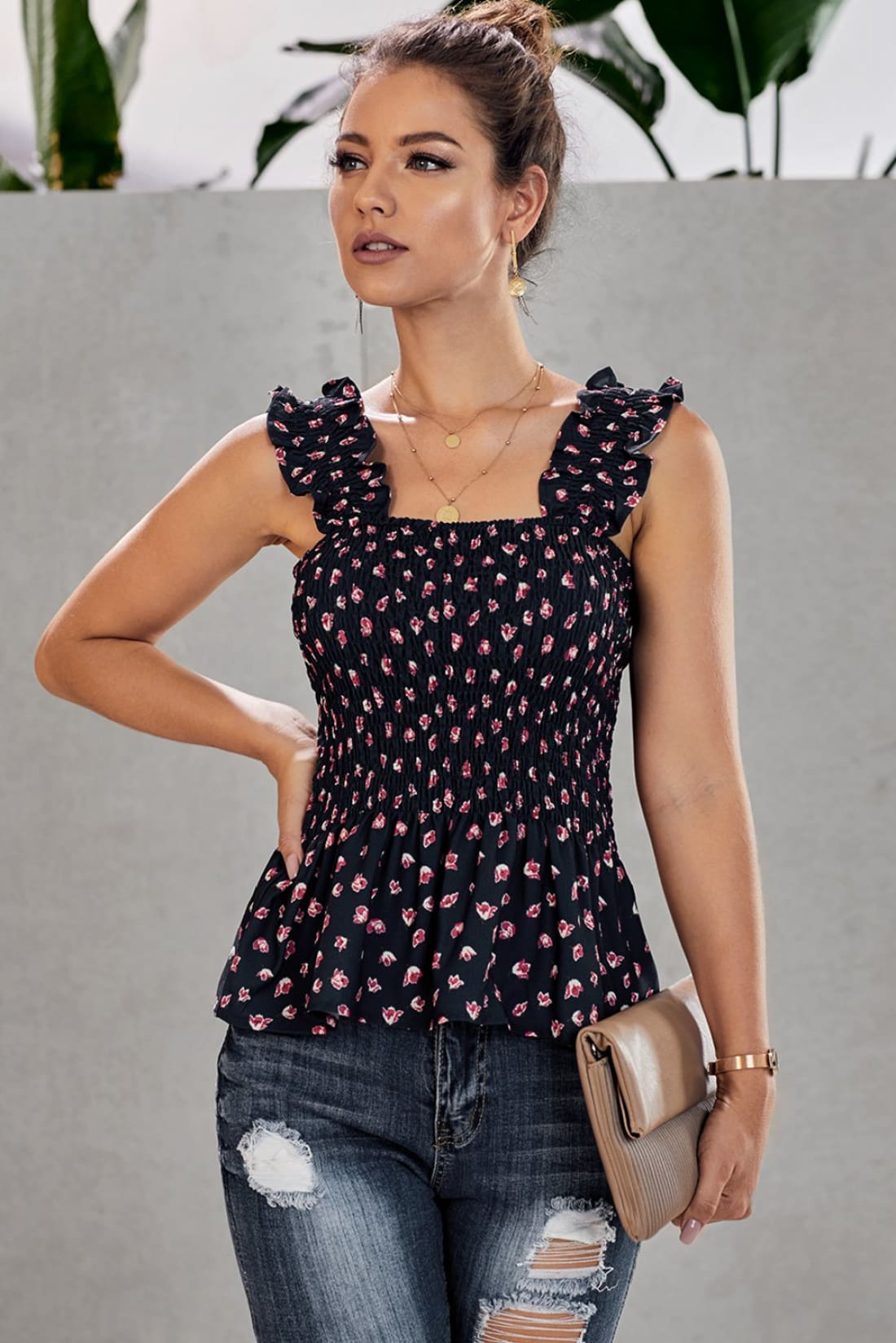 Tara Smocked Sleeveless Peplum Floral Top - Several Colors