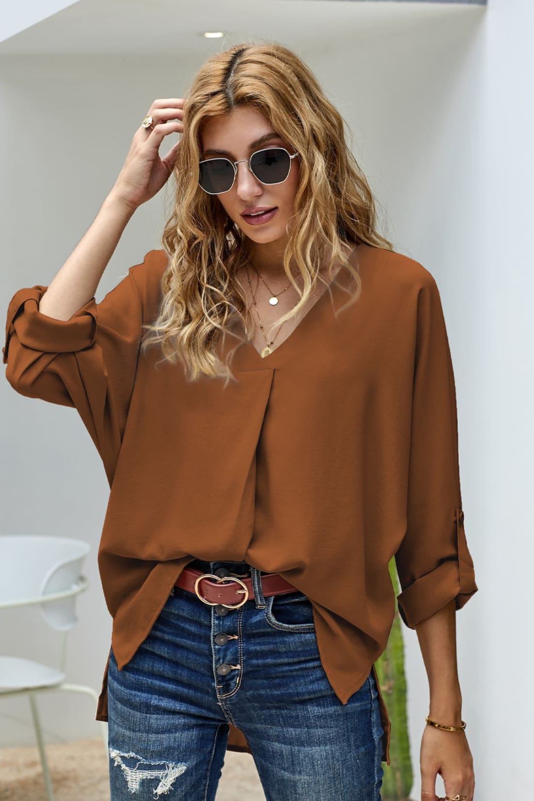 V Neck 3/4 Sleeve High Low Hem Tunic Shirt to Wear with Skinny Jeans | Blouses & Shirts