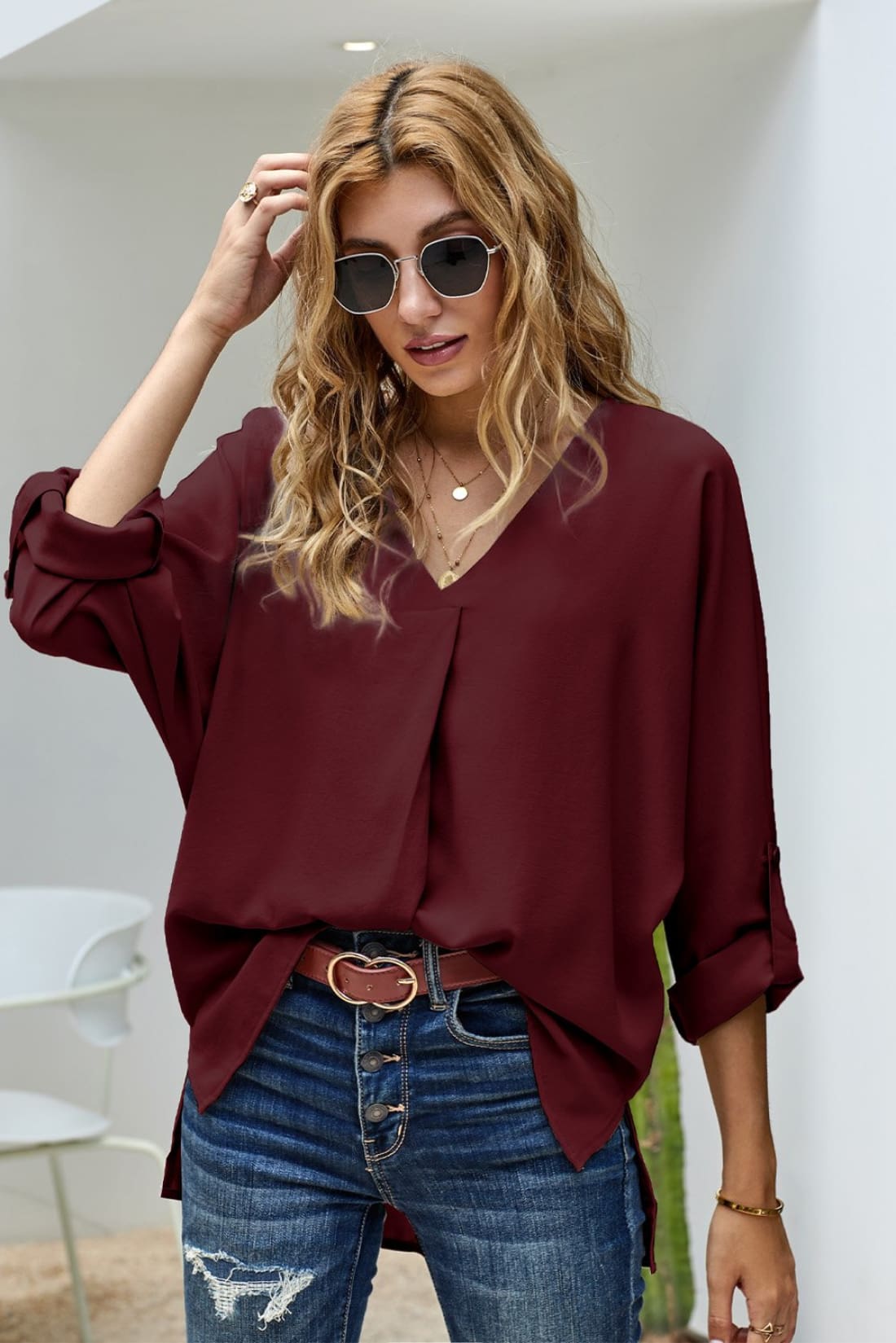 V Neck 3/4 Sleeve High Low Hem Tunic Shirt to Wear with Skinny Jeans