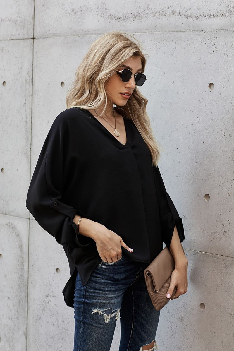 V Neck 3/4 Sleeve High Low Hem Tunic Shirt to Wear with Skinny Jeans