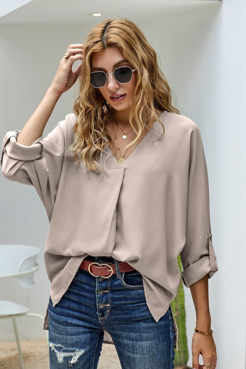 V Neck 3/4 Sleeve High Low Hem Tunic Shirt to Wear with Skinny Jeans