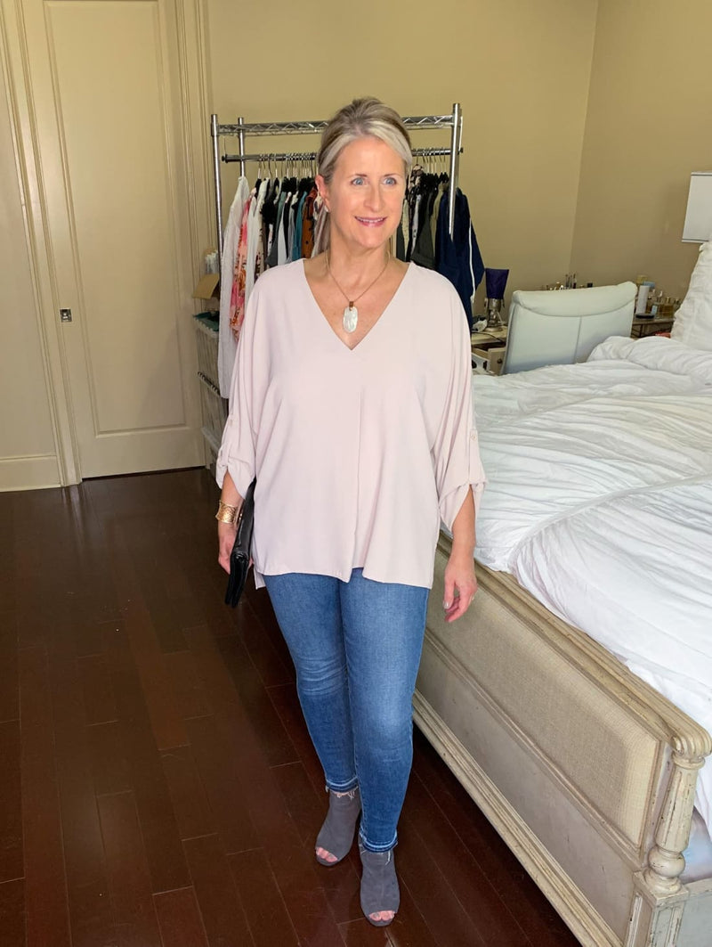 V Neck 3/4 Sleeve High Low Hem Tunic Shirt to Wear with Skinny Jeans