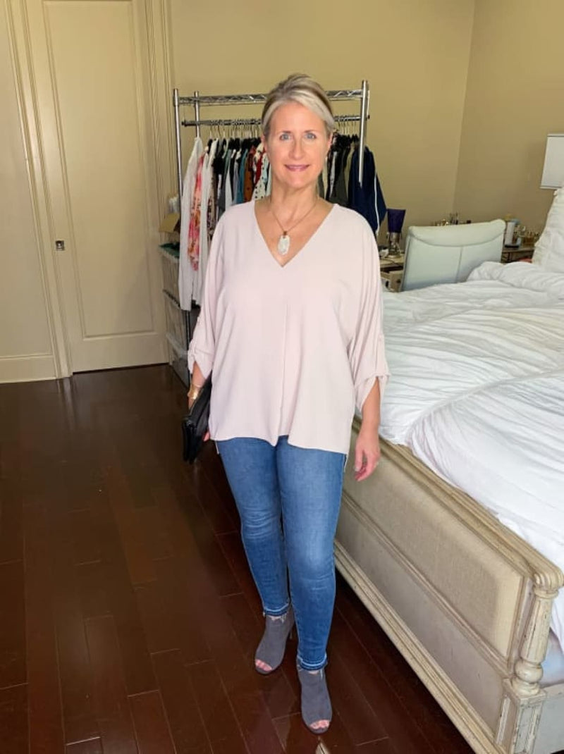 V Neck 3/4 Sleeve High Low Hem Tunic Shirt to Wear with Skinny Jeans