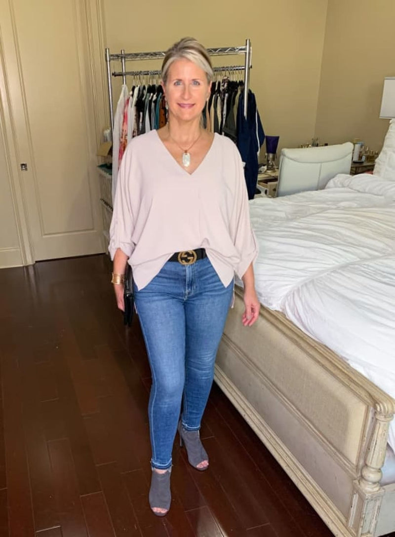 V Neck 3/4 Sleeve High Low Hem Tunic Shirt to Wear with Skinny Jeans