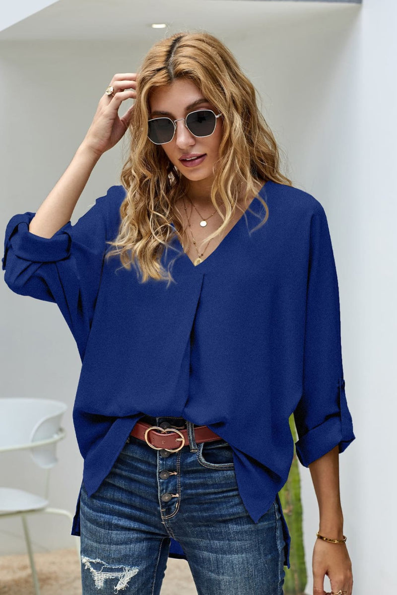 V Neck 3/4 Sleeve High Low Hem Tunic Shirt to Wear with Skinny Jeans
