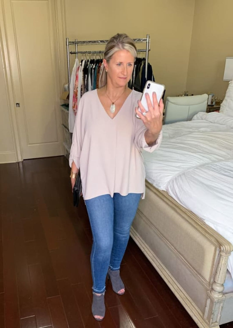 V Neck 3/4 Sleeve High Low Hem Tunic Shirt to Wear with Skinny Jeans