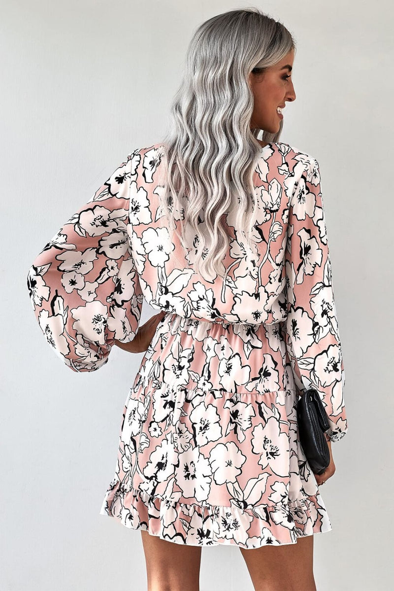 V Neck Lantern Sleeves Floral Tunic Mini Dress