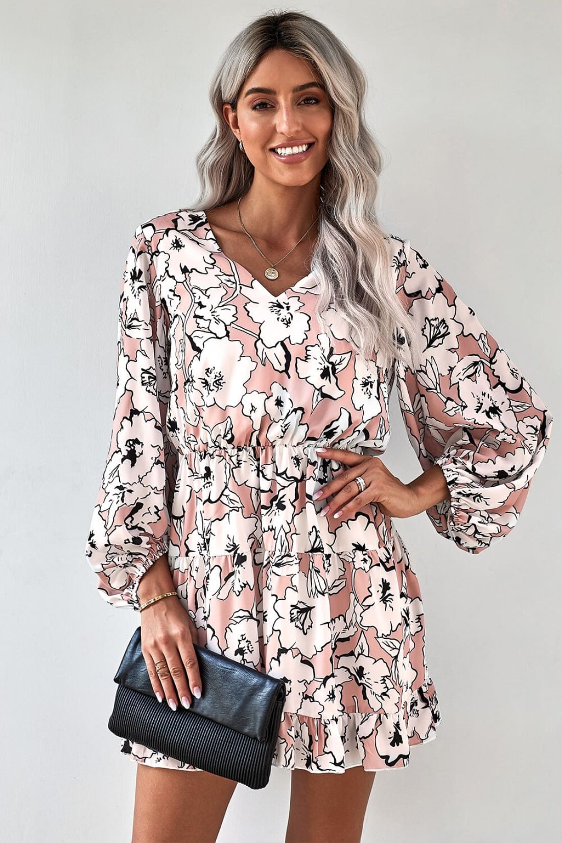 V Neck Lantern Sleeves Floral Tunic Mini Dress