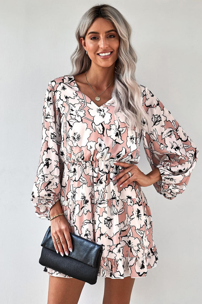 V Neck Lantern Sleeves Floral Tunic Mini Dress