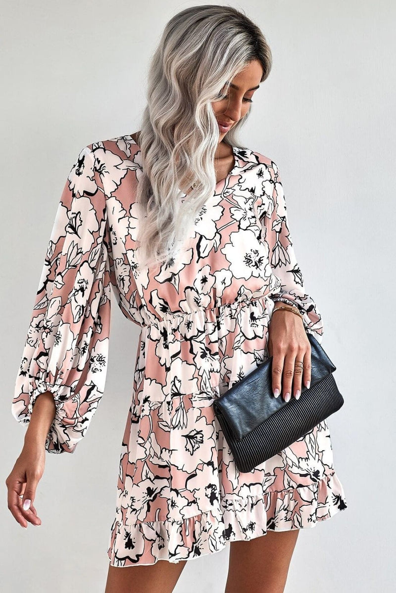 V Neck Lantern Sleeves Floral Tunic Mini Dress