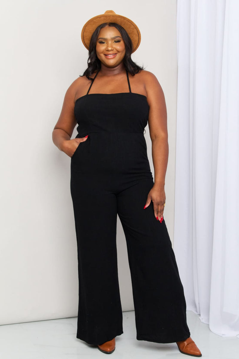 White Birch Full Size Halter Neck Wide Leg Jumpsuit with Pockets | Jumpsuits & Rompers